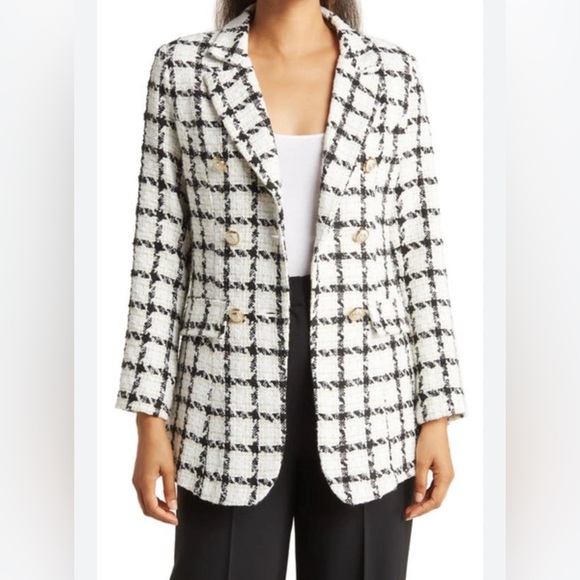 Luxe Tweed Double Breasted Lined Blazer Ivory/Black Gold Buttons - Picture 2 of 8
